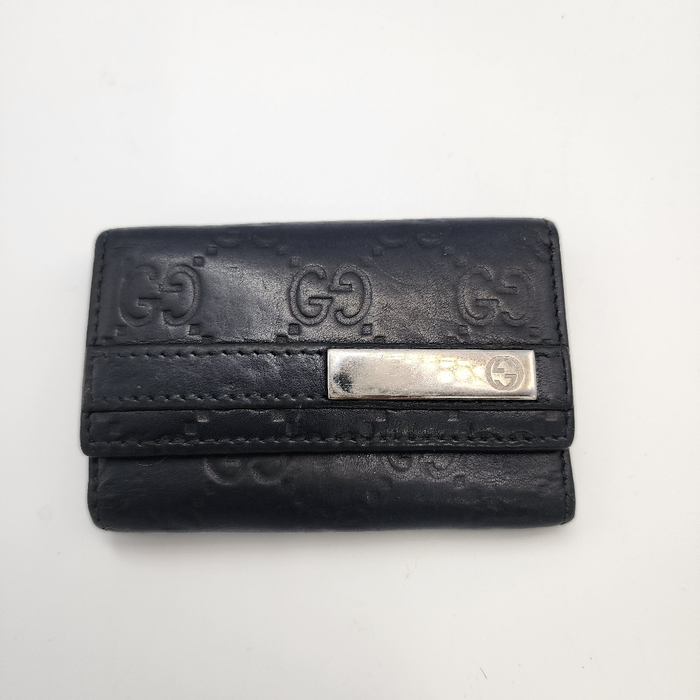 GUCCI Navy Monogram Leather Card/Key Wallet w/Silver Interlocking GG Logo Plate